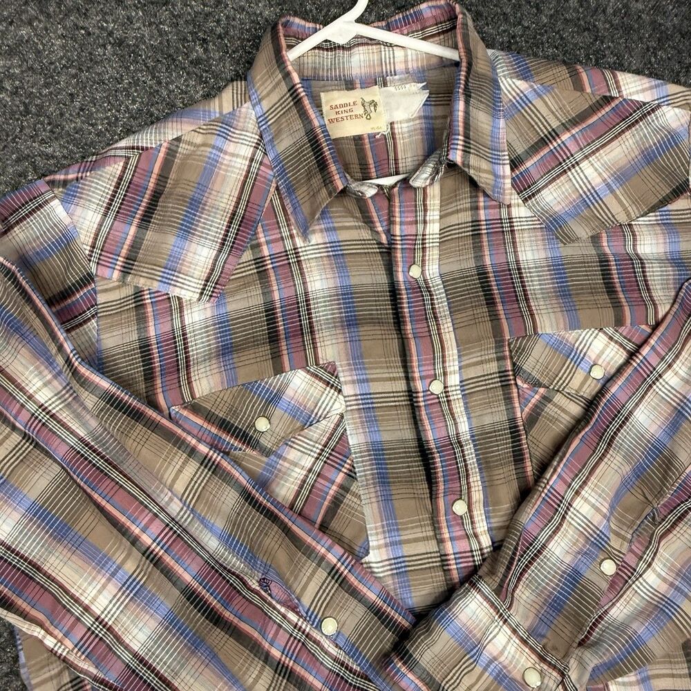 VTG Saddle King Western Shirt Mens XL Pink Blue Plaid Pearl Snap Cowboy 70s 80s